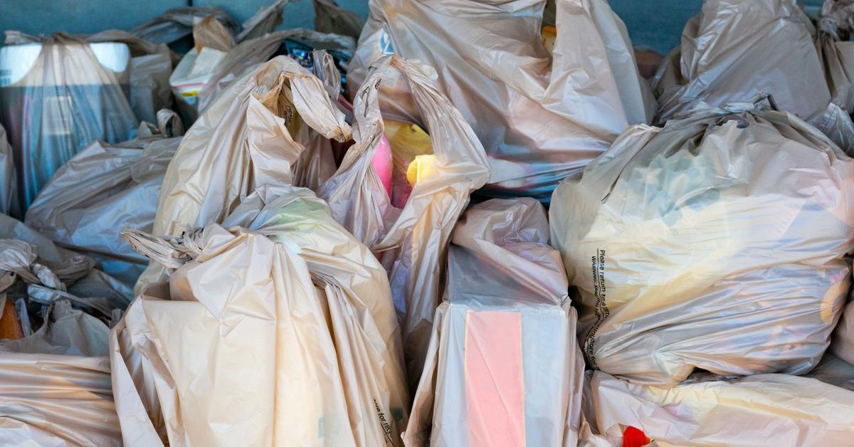 Groceries wrapped in single use plastic bags. 