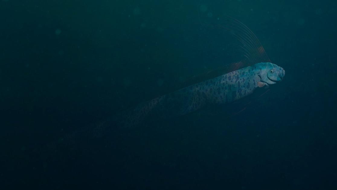 A 3D rendering of an oarfish in the dark ocean. 